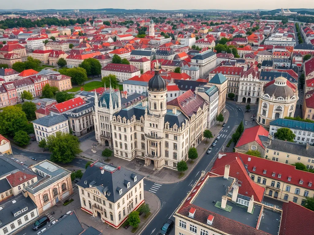Aerial view of Miskolc city center, Hungary, architectural d